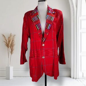 Vintage Yvonne Valdivieso Guatemalan Oversized Blazer Size XL Plaid Coin Button